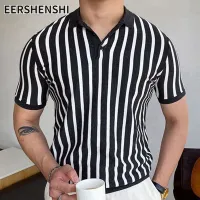 EERSHENSHI เสื้อโปโลระบายอากาศแขนสั้นสำหรับผู้ชายฤดูร้อนผ้าไอซ์ซิลค์ลายทาง