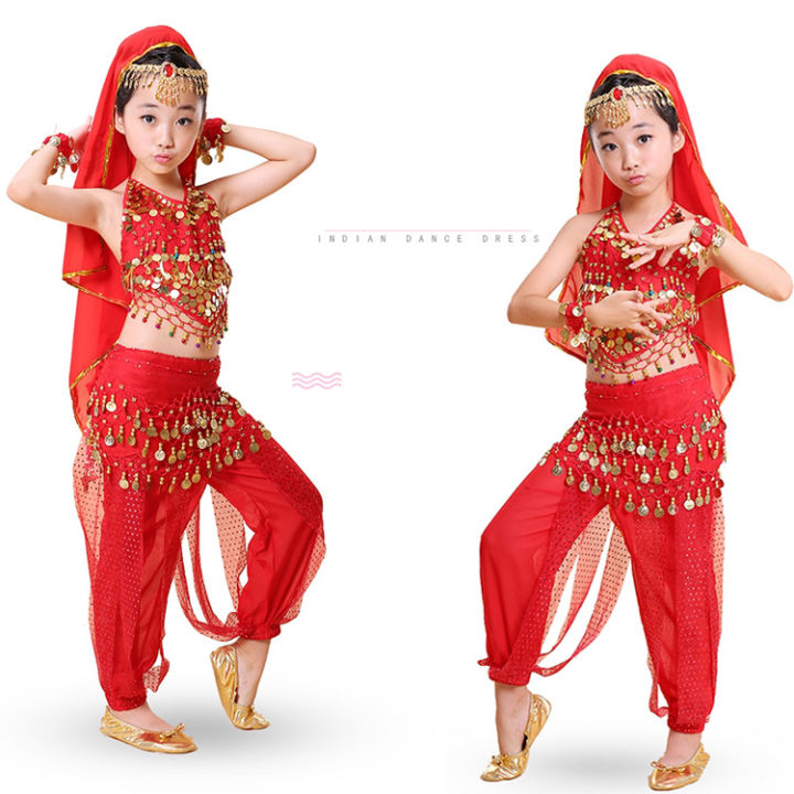 hikayaสาวชุดเจ้าหญิงชุดเต้นรำท้องอินเดียสาวเต้นรำเครื่องแต่งกายเด็กมารสวยกระโปรงเสื้อผ้าเด็ก6ชิ้น-ชุด