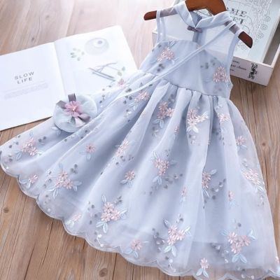 2023 Girls One-Piece Dress Chinese Dress Cheongsam Childrens Retro Gauze Skirt Babys Summer Skirt 12+Y Kids Clothes