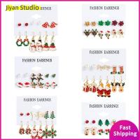 JIYAN2866 6 pairs โลหะผสมอัลลอยด์ ต่างหูห้อยคริสต์มาส จี้ห้อยคอ เครื่องประดับงานปาร์ตี้ ต่างหูต้นคริสต์มาส การ์ตูนลายการ์ตูน พังก์โกธิค หูกระดุม คริสมาสต์