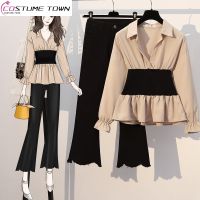 【DT】hot！ Ruffle Sleeve Pleated Waist Shirt Blouse Pants Two-piece Womens Set Outfits