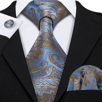 Luxurious Blue Paisley Suit Tie 100 Silk Men Tie For Wedding Business Barry.Wang Necktie Handkerchief Mens Dress Ties LS 5057