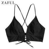 ZAFUL Women Textured Ladder Cutout Crisscross Lace-Up Bikini Top Spaghetti Straps Bathing Suit Top Removable Padded Swimsuit Top