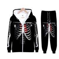 Men Hoodie 3D Printed Halloween Skeleton Skull Heart 2pcs/set Tracksuit Sweatshirt Sweatpants Boy Streetwear Hip Hop Jogging