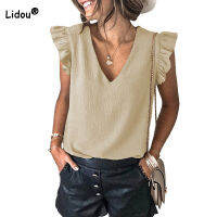 Casual Solid Ruffles Sleeve Pullover Sleeveless T-Shirt Womens Clothing Summer Simplicity V-Neck Top Female Straight Type