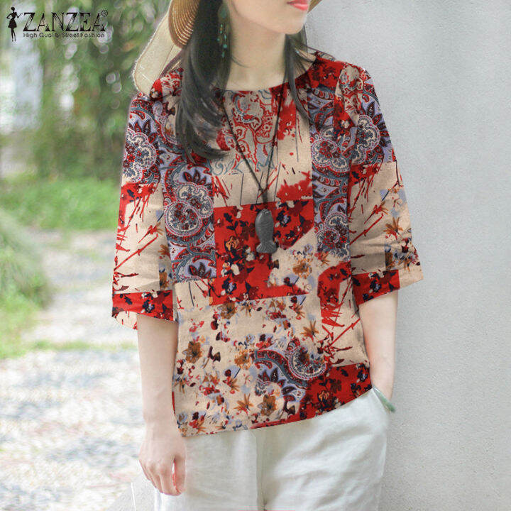 Celmia Zanzea Casual Loose Women Floral Print Tops Blouse Crewneck 34 Sleeve Cotton Korean 7523