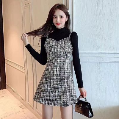 Autumn and Winter French New Style Small Fragrance Style Small Man Temperament Light and Thin Plaid Plaid Sling Dress Two Piece Set