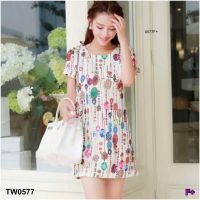 TW0577 เดรสสั้น คอกลม พิมพ์ลายม่านพลอย Short dress, round neckline, beaded veil print