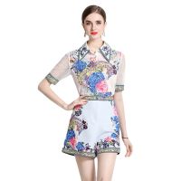 Womens Two-Piece SET New Fashion 2023 Summer New Womens Lapel Positioning Printed Short-Sleeved Shirt +Shorts PANTS  Two-Piece SET