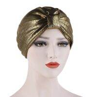 【YF】 New Glitter Knotted Turban Caps for Women Gold Silver Muslim Indian Hat Ladies Hair Loss Chemo Cap Ready to Wear Hijab Bonnet