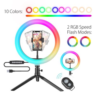 ┇┋ 10Inch RGB LED Ring Light Dimmable Selfie Ring Lamp for YouTube Tiktok Live Stream Makeup With Tripod Phone Holder