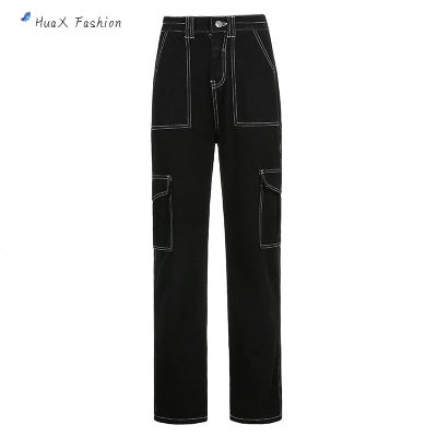 HuaX ผู้หญิงกางเกงยีนส์ Retro เปิดเย็บกระเป๋าขนาดใหญ่สีดำกางเกงยีนส์หลวมตรง-ขากางเกงเอวสูง