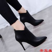 [COD] Shoes womens 2021 new high-heeled boots pointed toe short rear zipper comfortable single