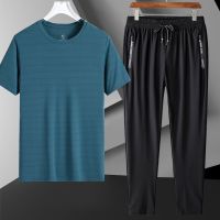 Mens Shirt Tracksuit Two Pieces Sets Men Casual Fitness Sport Suit Short Sleeve T Shirt Trousers Mens Casual Sportswear Suits