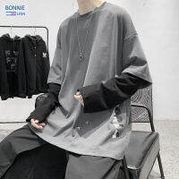 D&amp;BE   BONNIELEONฤดูใบไม้ร่วงใหม่ฮ่องกงสไตล์วันหยุดสองชิ้นแขนยาวเสื้อยืดผู้ชายรุ่นเกาหลีแบบหลวมและคนรักอเนกประสงค์นักเรียนแนวโน้มปลายเสื้อแบบลำลอง