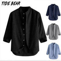 TIDE BEAR เสื้อเชิ้ตผู้ชายแขนสามในสี่แขนคอตั้งเสื้อเชิ้ตผ้าลินินใหม่วัยรุ่นแฟชั่นสะดวกสบายและระบายอากาศ