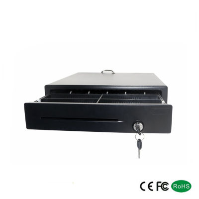 TOKAI ลิ้นชักเก็บเงิน Cash drawer รุ่น 405B เหล็กเคลือบกันสนิม 5 ช่องเก็บธนบัตร 8 ช่องเก็บเหรียญ สปริงและก้านหนีบวัสดุสเตนเลส รองรับการเชื่อมต่อ RJ9/RJ11/RJ12/RS232/USB ระบบล็อค 3 ชั้น ความเร็ว 40 msec สายสัญญาณถอดได้ - สีดำ