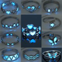 Rinhoo Stainless Steel Blue Love Heart Butterfly Star Luminous Rings For Women Men Glowing Ring In The Dark Accessories Jewelry