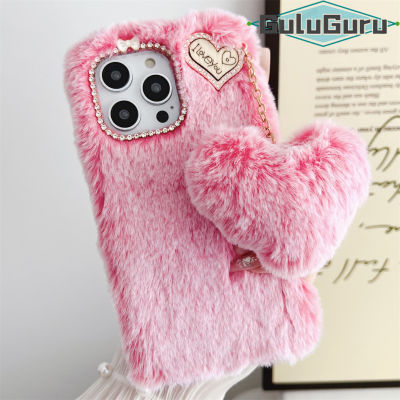 สำหรับ OPPO A7 A9 A11 A15 A16 A32 A33 A52 A53 A54 A55 A72 A91 A92 A93 A94 F11 F17 F19 Pro สวย Furry กรณีขนสัตว์หัวใจ,Super Soft Warm Furry น่ารักกรณีกลับ,rhinestone หรูหรา + กรอบขนสัตว์เทียมสำหรับผู้หญิงสาวๆ