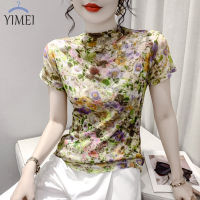 YIMEI เสื้อผ้าโปร่งสองชั้นแขนสั้นผู้หญิง,เสื้อท่อนล่างเสื้อยืดแขนยาวฟิตเนสเข้ารูปพอดีใหม่ฤดูร้อน2023เสื้อยืดผู้หญิงทรงสลิมและแฟชั่นเสื้อยืดพิมพ์ลายย้อนยุคอินเทรนด์