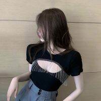 DD ฤดูร้อน super fire เปิดกลับผ้าฝ้ายแขนสั้นเสื้อยืด fringed หน้าอกกลวงแขนสั้น NZ-84