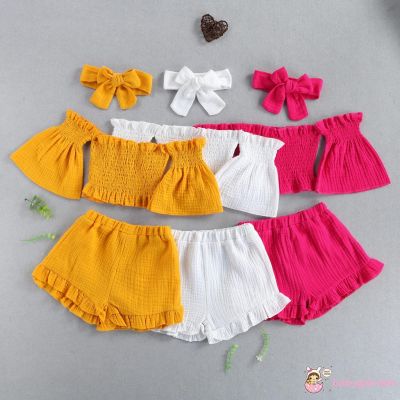 【Candy style】 Babygarden- ชุดเสื้อเปิดไหล่ + กางเกงขาสั้น + ที่คาดศีรษะ สําหรับเด็กผู้หญิง