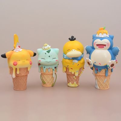 ZZOOI Pikachu Bulbasaur Psyduck Snorlax Action Figures Pokemon Ice Cream Series Anime Toy Cartoon Model Doll Collectible Ornament Gift