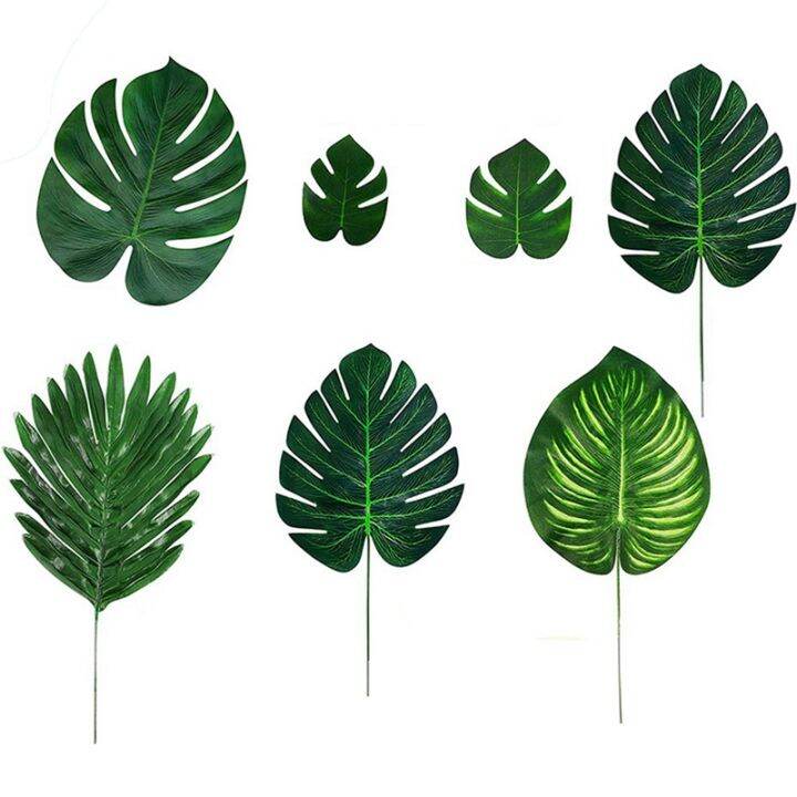 105pcs-tropical-palm-leaves-plants-artificial-105pcs-7-kinds-green-leaf-party-table-decorations