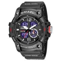 ⌚2023 SMAEL นาฬิกาปลุกจับเวลานาฬิกาสปอร์ตผู้ชาย,นาฬิกาปลุกจับเวลา LED สองเขตเวลาวันที่กันน้ำ5Bar ทหาร8007