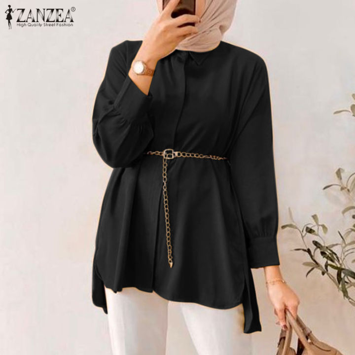 สินค้ามาใหม่-จัดส่งฟรี-fancystyle-zanzea-เสื้อผู้หญิงมุสลิมมีกระดุม-เสื้อเสื้อเชิ้ตมีปกข้างเสื้อหลังไขว้ทรงโคมไฟ