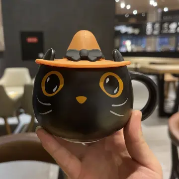 Black Ceramic Mug with Bat Wings and Cat Lid (Starbucks China Halloween  2021 Edition)