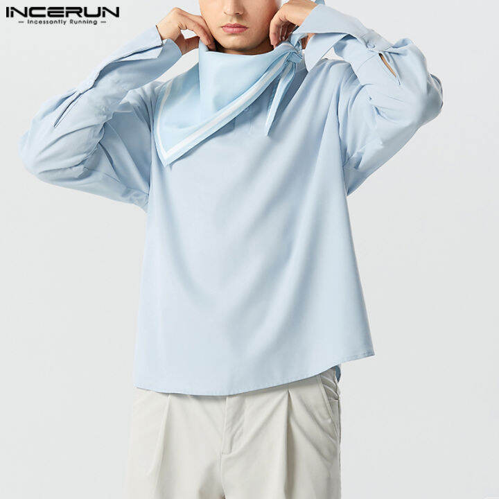 incerun-แขนยาวสำหรับผู้ชายเสื้อเรียบหรูคอกลมผ้าพันคอเสื้อสไตล์ทะเล-สไตล์ตะวันตก