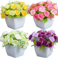 Mini Potted Artificial Rose Flowers, Fake Silk Rose Flowers in White Plastic Pot for Home Office Desktop Decoration