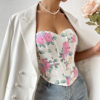 Womens Sexy Low Cut Backless Flower Wrapped Chest Diamond Shaped Fishbone Corset Skin Tone Long Sleeve Shirt Womens Tube Top