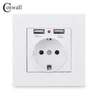 Coswall Dual USB Charging Port 5V 2.1A ไฟ LED 16A Wall EU Power Socket Outlet แผงพีซีสีเทาเทาดําขาวทอง☭