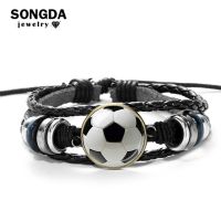 Sports Football Soccer Leather Bracelet Glass Cabochon Black Braided Rope Lace-up Bracelet Personality Idea Men Boy Jewelry Gift Charms and Charm Brac