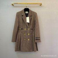 Houndstooth Metal Button Pleated Suit Dress 2021 Autumn New Style British R Double-Breasted