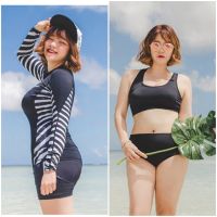 YAI ชุดว่ายน้ำทูพีช ( XL-5XL)ชุดว่ายน้ำไซต์ใหญ่ SeaBeach Black white แฟชั่นเกาหลี แขนยาว  #   ชุดว่ายน้ำวันพีช  บิกินี่