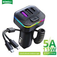 Bonola LED Light Car Charger พร้อมสายสปริงสำหรับ samsung ศัพท์มือถือ Quick Charging USB A Type C เอาต์พุต3พอร์ตในรถยนต์