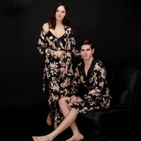 【JH】Silk Couple Pajamas Womens Summer Three Piece Suit Long Sleeve Mens Robe Bathrobe Sleepwear