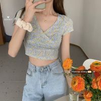 Triple A Crop top women top Floral T-shirt Designed slim short sleeves 2021 summer Korean version of v-neck short high-waist crop top 9113