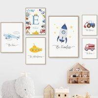 ►℡ Rocket เครื่องบิน Fire Truck ตัวอักษรชื่อ Custom Wall Art ภาพวาดผ้าใบ Nordic โปสเตอร์และพิมพ์ภาพผนัง Kids Room Decor