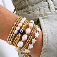 สร้อยข้อมือมุกธรรมชาติ Evil Eye Gold Plated Beaded สำหรับผู้หญิงผู้ชาย Shell Star สร้อยข้อมือเครื่องประดับทำด้วยมือ Layered Pulseras