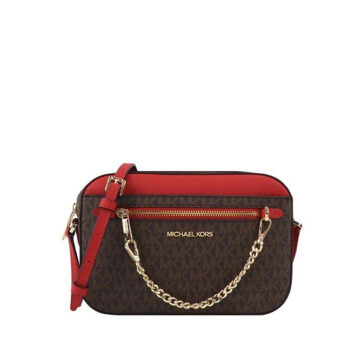 Michael Kors Jet Set Item Signature Large Túi Đeo Chéo Dây Xích-Nâu Đậm/Đỏ  