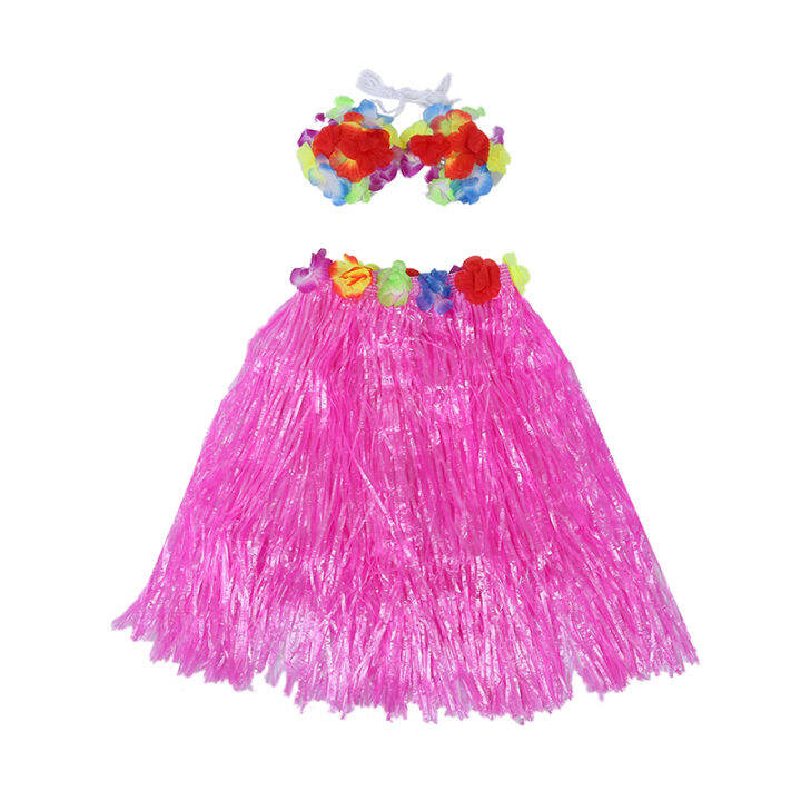 6-set-hawaiian-grass-skirt-flower-hula-lei-wristband-garland-fancy-dress-costume