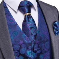 Wedding Party Blue Purple Paisley Floral Jacquard Waistcoat Men 4pcs Vest Necktie Handkerchief Ring Hanky Cufflinks Set DiBanGu