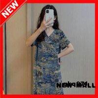 NEW MALL Dress 2022 Summer New Temperament Large Size V-Neck WomenS Casual Fashion Print Skirt