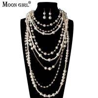 2017 New MOON GIRL Multi-Layer Simulated Pearls Chain Long Necklace Trendy Statement Choker Necklace For Women Fashion Jewelry