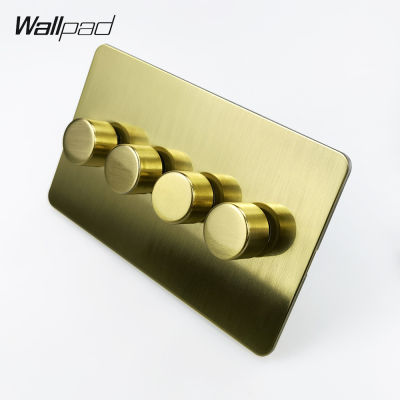 Wallpad Brushed Gold สวิตช์หรี่ไฟ LED 4 Gang 2 Way Push On Off แผงสแตนเลสปุ่มโลหะ