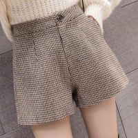 Woolen Houndstooth กางเกงขาสั้นผู้หญิง2022ฤดูใบไม้ร่วงและฤดูหนาวใหม่เอวสูง A-Line ขากว้างกางเกงขาสั้นบางฤดูหนาวสวมใส่ด้านนอกกางเกงและรองเท้า